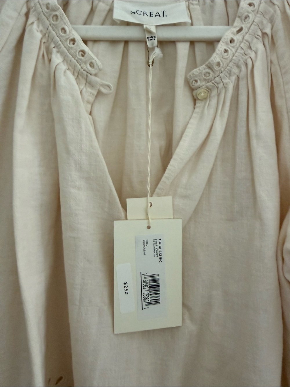 THE GREAT. Cream Eyelet Peasant Blouse with Scoop Neck - Picture 4 of 6